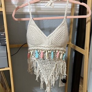 Cream Crochet Crop Top with tassels